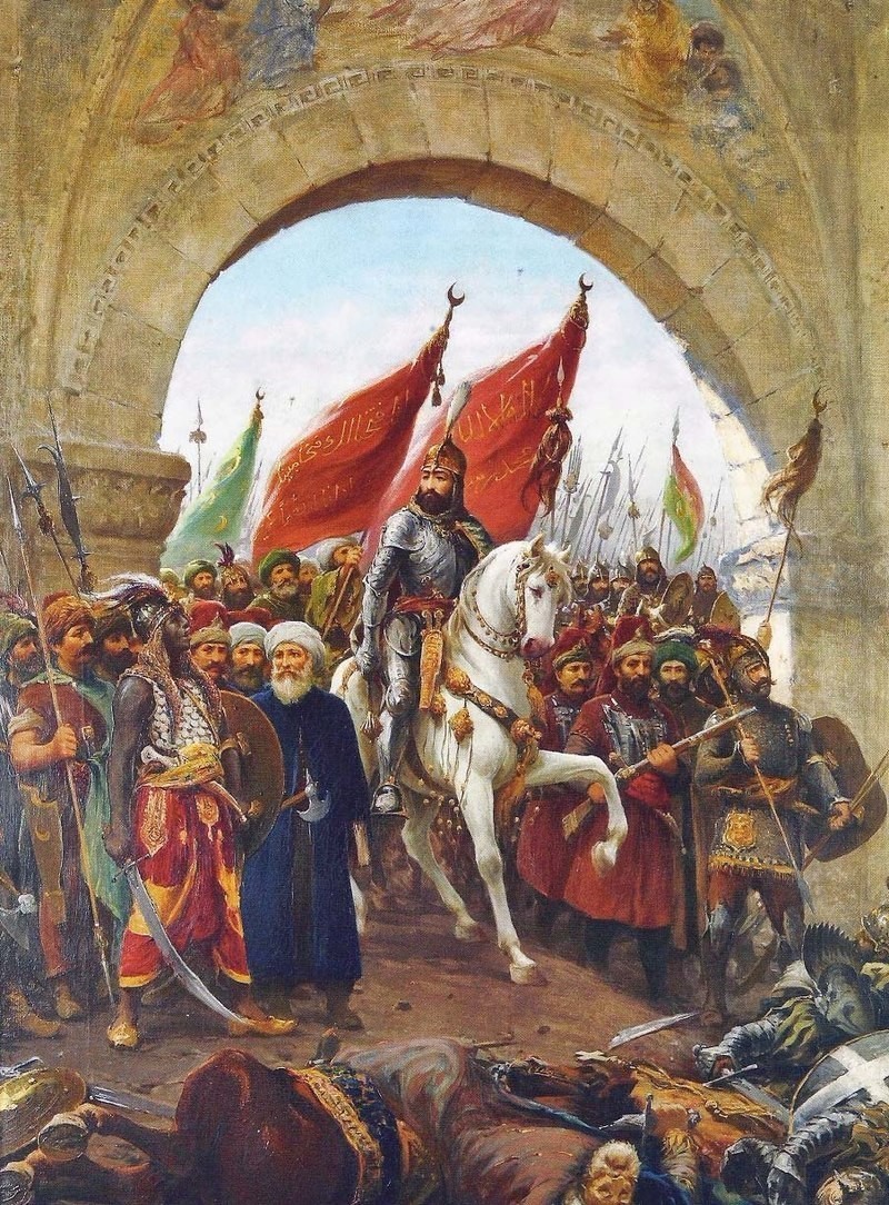الشيخ آق شمس الدين في رسمة فوستو زونارو عن دخول الفاتح للقسطنطينية