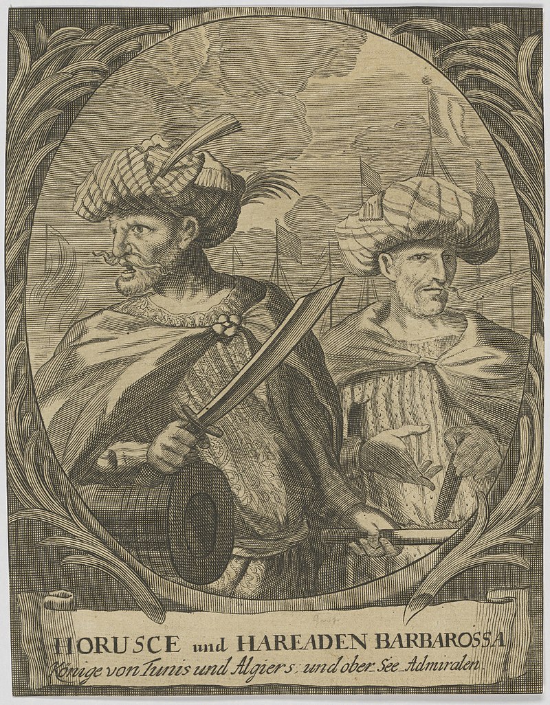 رسم هولندي تخيلي من القرن السابع عشر للأخوين عروج يسار وخير الدين