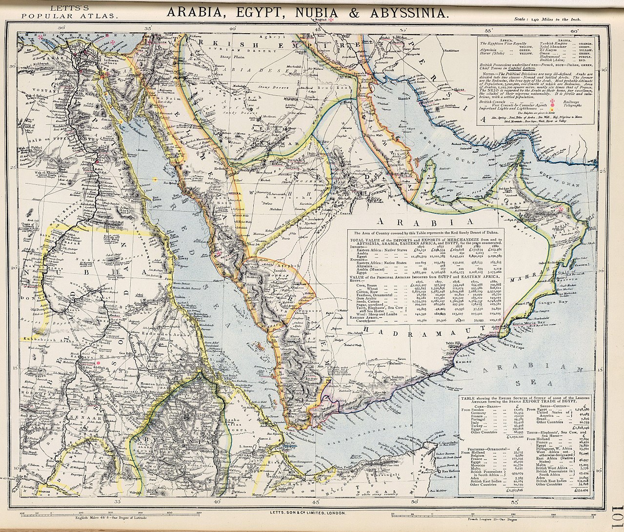 خريطة مصر والمنطقة العربية سنة 1883 - بعد دخول الاحتلال الإنجليزي