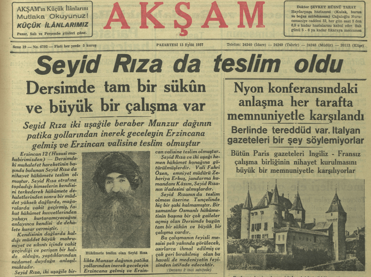 عنوان جريدة أكشام صباح ليلة استسلام سيد رضا عام 1937.
