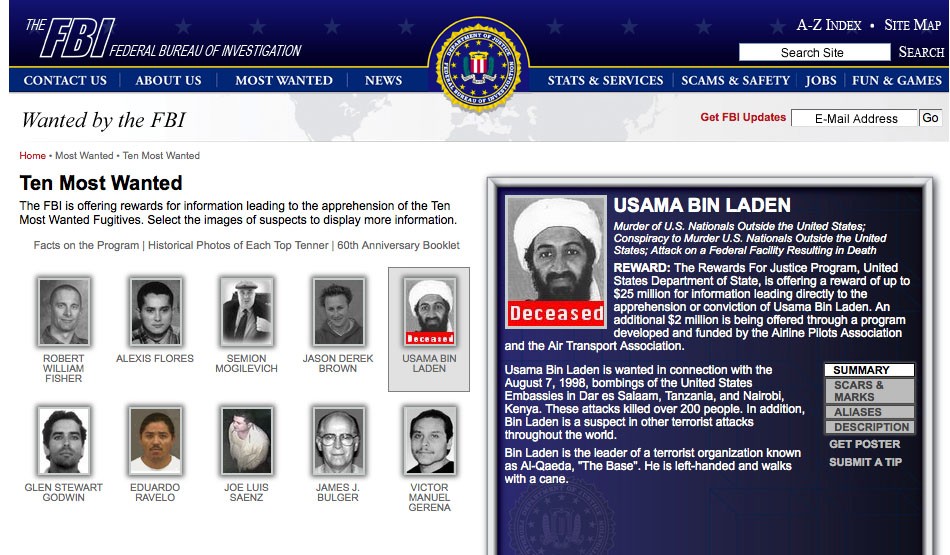 الموقع الإلكتروني لمكتب التحقيقات الفيدرالي الذي أدرج بن لادن في قائمة المطلوبين في 3 مايو 2011