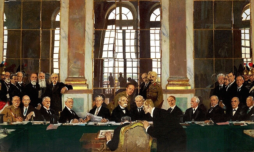توقيع معاهدة ڤرساي في قاعة المرايا - رسم وليام أوربن