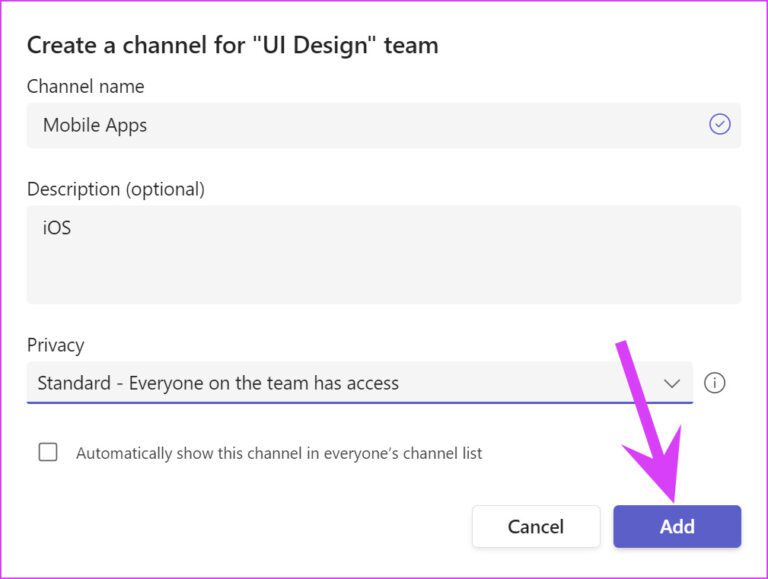Adding channels in teams