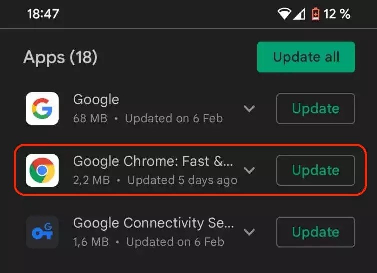 Updating chrome on android