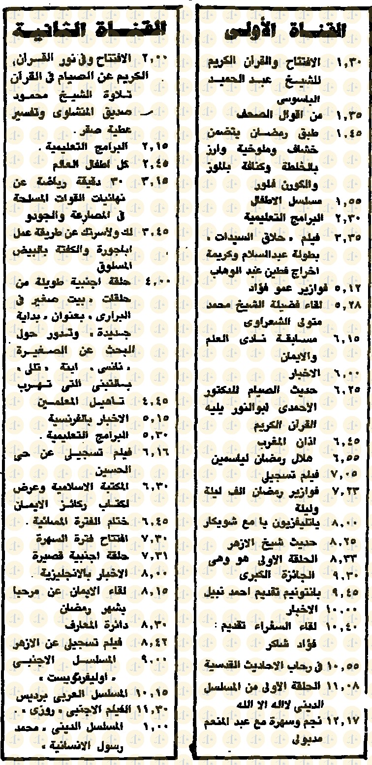 فقرات التلفزيون في 1 رمضان 1405 الموافق 20 مايو 1985 م