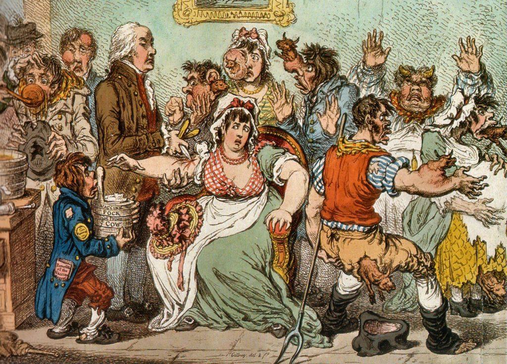رسم هزلي في عام 1802م، يُصور "إدوارد جينر" يقوم بتطعيم الناس بمرض جدري البقر، فتخرج الابقار من اجسادهم!