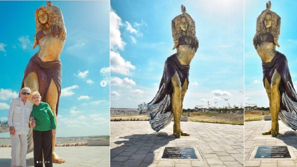 صورة تمثال لشاكيرا مع والديها 